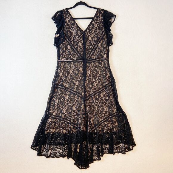 Taylor Black Lace Midi Dress Women's L (12-14) Flutter Sleeves Witchy Fairy Goth - Picture 3 of 11